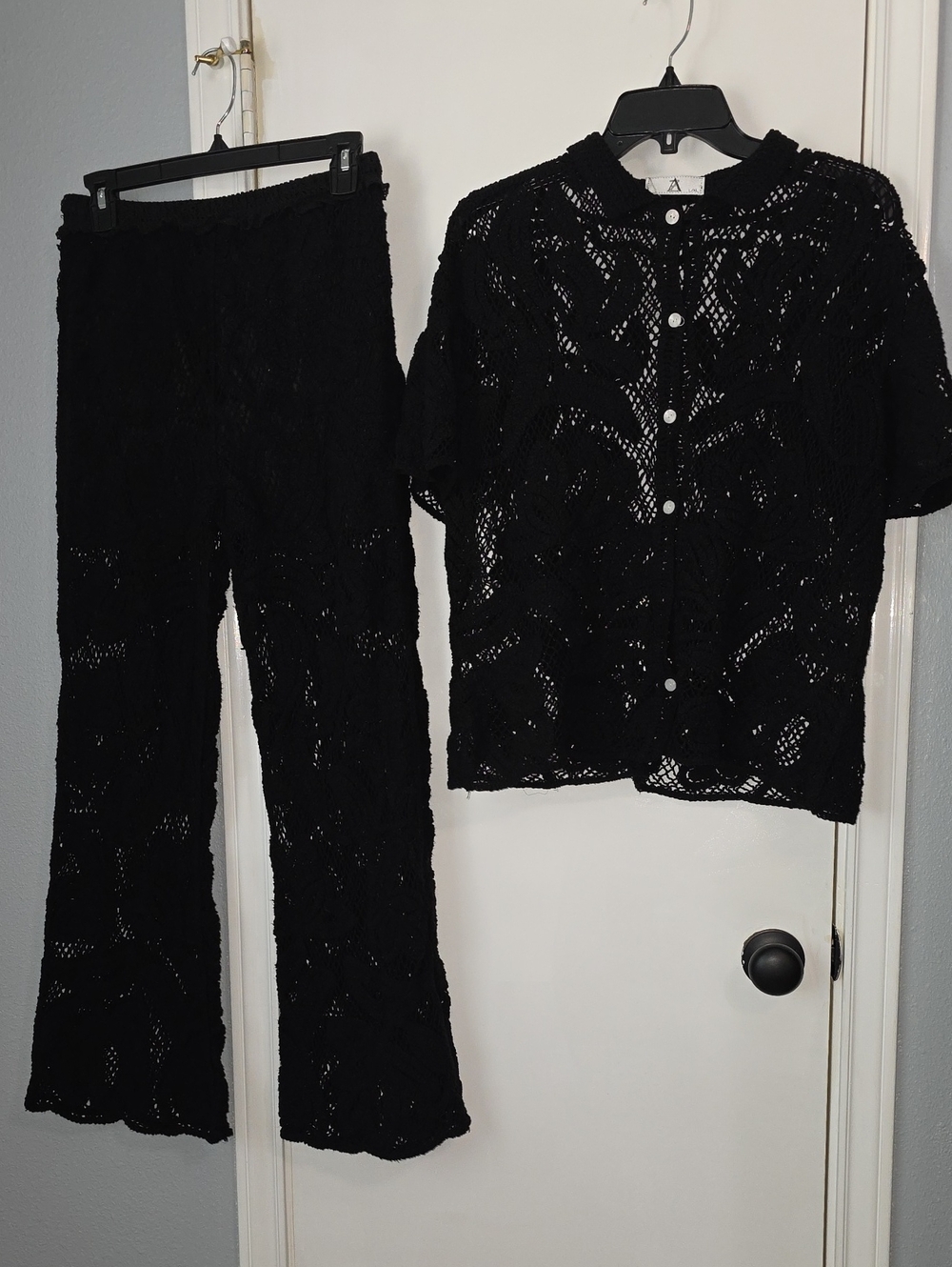 Black Lace Boot Cut Pants & Button-Front Top Set